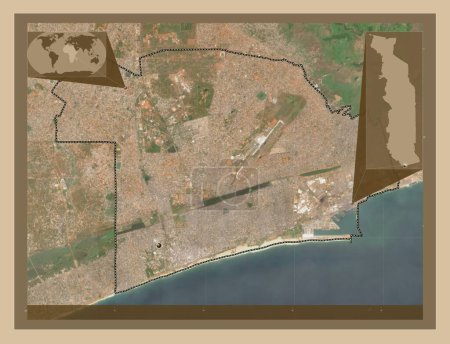 Foto de Lomé, capital de Togo. Mapa satelital de baja resolución. Ubicaciones de las principales ciudades de la región. Mapas de ubicación auxiliares de esquina - Imagen libre de derechos