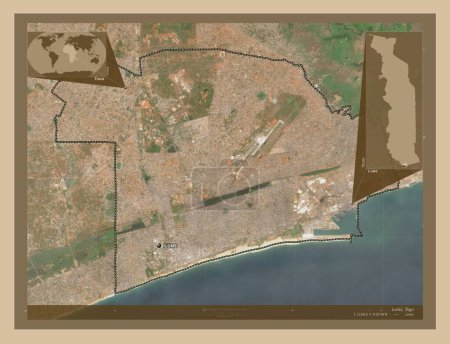 Téléchargez les photos : Lome, capital city of Togo. Low resolution satellite map. Locations and names of major cities of the region. Corner auxiliary location maps - en image libre de droit