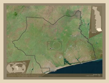 Téléchargez les photos : Maritime, region of Togo. High resolution satellite map. Locations and names of major cities of the region. Corner auxiliary location maps - en image libre de droit
