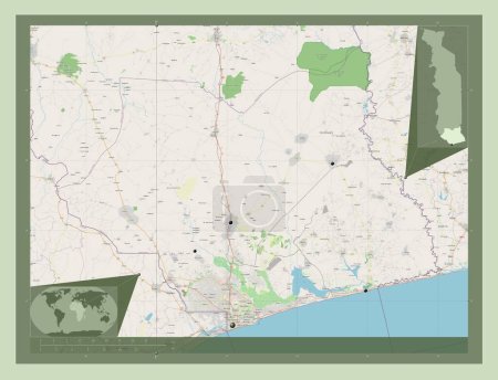 Téléchargez les photos : Maritime, region of Togo. Open Street Map. Locations of major cities of the region. Corner auxiliary location maps - en image libre de droit