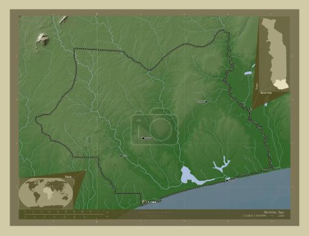 Téléchargez les photos : Maritime, région du Togo. Carte d'altitude colorée dans le style wiki avec des lacs et des rivières. Emplacements et noms des grandes villes de la région. Corner cartes de localisation auxiliaires - en image libre de droit