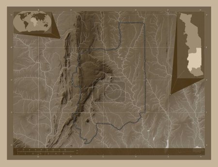 Téléchargez les photos : Plateaux, region of Togo. Elevation map colored in sepia tones with lakes and rivers. Corner auxiliary location maps - en image libre de droit