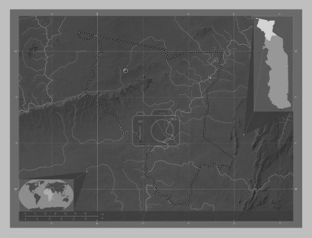Téléchargez les photos : Savanes, region of Togo. Grayscale elevation map with lakes and rivers. Corner auxiliary location maps - en image libre de droit