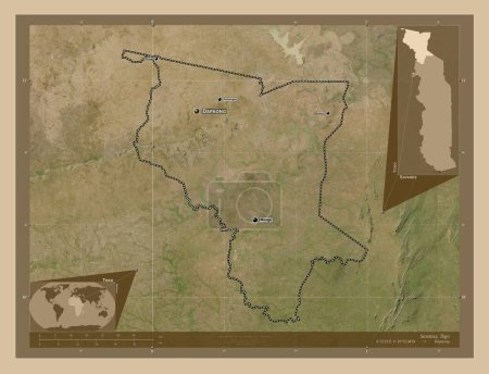 Téléchargez les photos : Savanes, region of Togo. Low resolution satellite map. Locations and names of major cities of the region. Corner auxiliary location maps - en image libre de droit