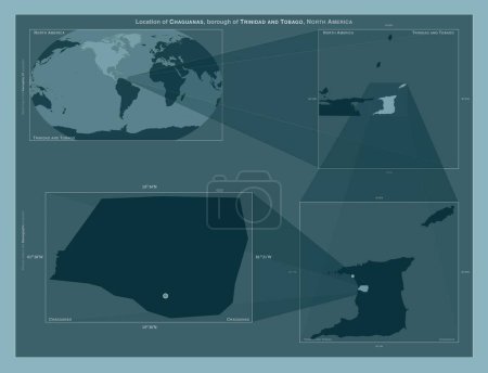Foto de Chaguanas, distrito de Trinidad y Tobago. Diagrama que muestra la ubicación de la región en mapas a gran escala. Composición de marcos vectoriales y formas PNG sobre un fondo sólido - Imagen libre de derechos