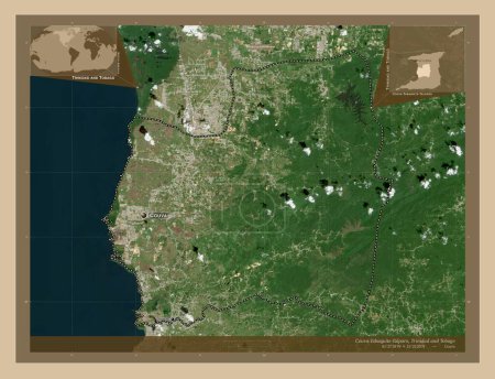 Foto de Couva-Tabaquite-Talparo, region of Trinidad and Tobago. Low resolution satellite map. Locations and names of major cities of the region. Corner auxiliary location maps - Imagen libre de derechos