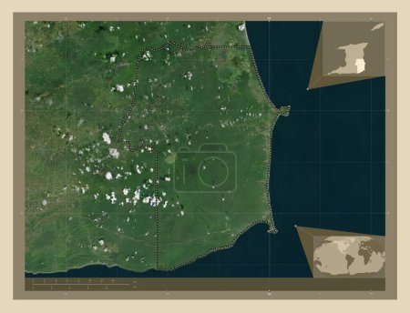 Foto de Río Claro Mayaro, región de Trinidad y Tobago. Mapa satelital de alta resolución. Ubicaciones de las principales ciudades de la región. Mapas de ubicación auxiliares de esquina - Imagen libre de derechos