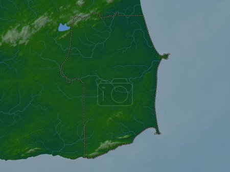 Téléchargez les photos : Rio Claro Mayaro, Trinité-et-Tobago. Carte d'altitude colorée avec lacs et rivières - en image libre de droit