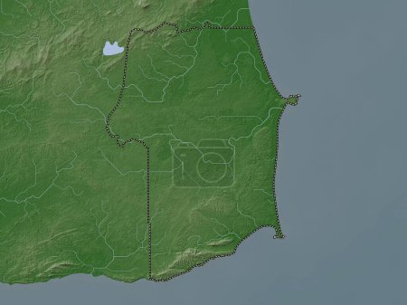 Téléchargez les photos : Rio Claro Mayaro, Trinité-et-Tobago. Carte d'altitude colorée dans le style wiki avec des lacs et des rivières - en image libre de droit