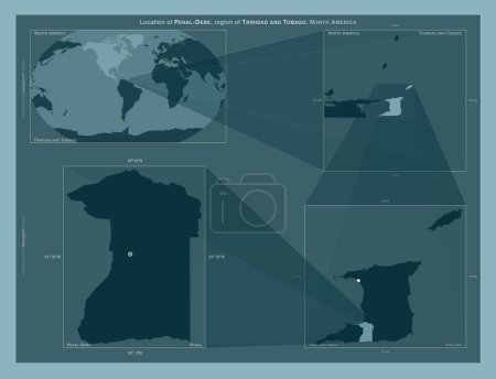 Photo for Penal-Debe, region of Trinidad and Tobago. Diagram showing the location of the region on larger-scale maps. Composition of vector frames and PNG shapes on a solid background - Royalty Free Image