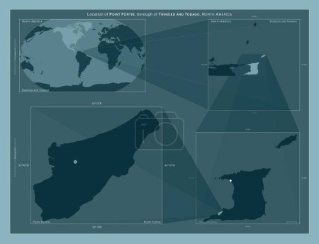 Foto de Point Fortin, distrito de Trinidad y Tobago. Diagrama que muestra la ubicación de la región en mapas a gran escala. Composición de marcos vectoriales y formas PNG sobre un fondo sólido - Imagen libre de derechos