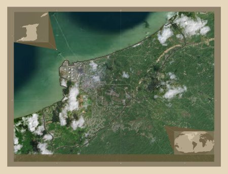 Téléchargez les photos : Point Fortin, arrondissement de Trinidad et Tobago. Carte satellite haute résolution. Emplacements des grandes villes de la région. Corner cartes de localisation auxiliaires - en image libre de droit