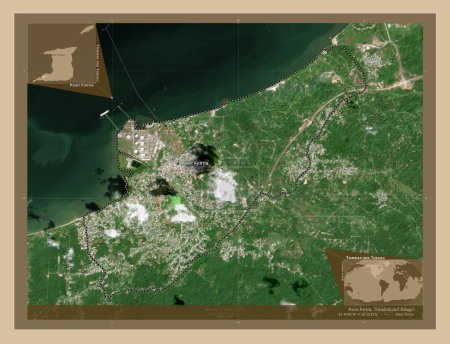 Téléchargez les photos : Point Fortin, arrondissement de Trinidad et Tobago. Carte satellite basse résolution. Emplacements et noms des grandes villes de la région. Corner cartes de localisation auxiliaires - en image libre de droit