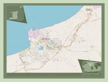 Foto de Point Fortin, distrito de Trinidad y Tobago. Open Street Map. Ubicaciones y nombres de las principales ciudades de la región. Mapas de ubicación auxiliares de esquina - Imagen libre de derechos