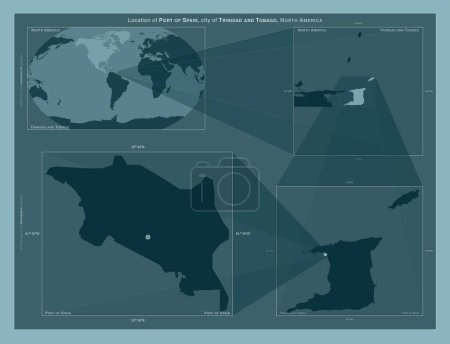 Foto de Puerto España, ciudad de Trinidad y Tobago. Diagrama que muestra la ubicación de la región en mapas a gran escala. Composición de marcos vectoriales y formas PNG sobre un fondo sólido - Imagen libre de derechos