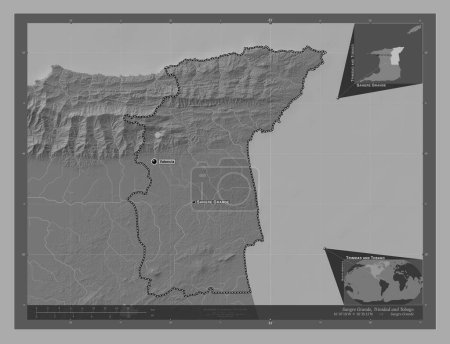 Téléchargez les photos : Sangre Grande, région de Trinité-et-Tobago. Carte d'altitude de Bilevel avec lacs et rivières. Emplacements et noms des grandes villes de la région. Corner cartes de localisation auxiliaires - en image libre de droit