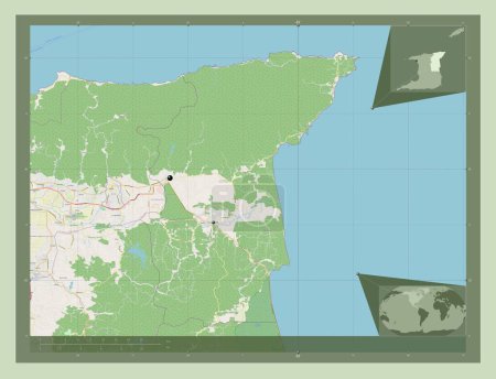 Foto de Sangre Grande, región de Trinidad y Tobago. Open Street Map. Ubicaciones de las principales ciudades de la región. Mapas de ubicación auxiliares de esquina - Imagen libre de derechos