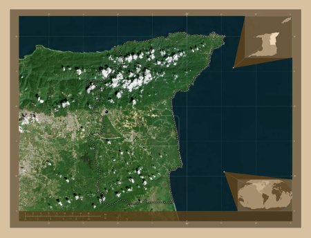 Foto de Sangre Grande, región de Trinidad y Tobago. Mapa satelital de baja resolución. Ubicaciones de las principales ciudades de la región. Mapas de ubicación auxiliares de esquina - Imagen libre de derechos