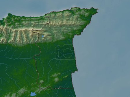 Téléchargez les photos : Sangre Grande, région de Trinité-et-Tobago. Carte d'altitude colorée avec lacs et rivières - en image libre de droit