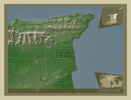 Téléchargez les photos : Sangre Grande, région de Trinité-et-Tobago. Carte d'altitude colorée dans le style wiki avec des lacs et des rivières. Emplacements et noms des grandes villes de la région. Corner cartes de localisation auxiliaires - en image libre de droit