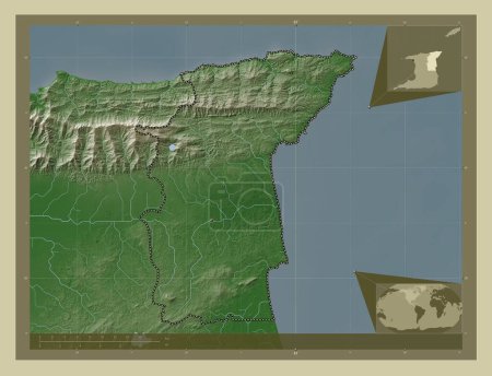 Téléchargez les photos : Sangre Grande, région de Trinité-et-Tobago. Carte d'altitude colorée dans le style wiki avec des lacs et des rivières. Corner cartes de localisation auxiliaires - en image libre de droit