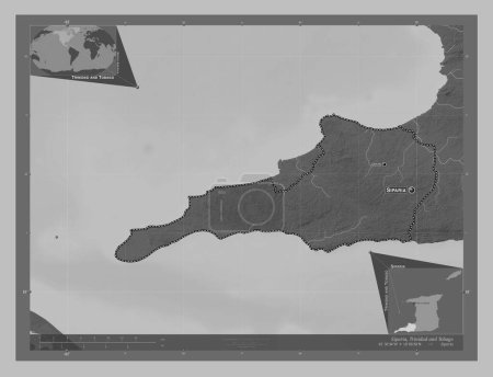 Foto de Siparia, región de Trinidad y Tobago. Mapa de elevación a escala de grises con lagos y ríos. Ubicaciones y nombres de las principales ciudades de la región. Mapas de ubicación auxiliares de esquina - Imagen libre de derechos