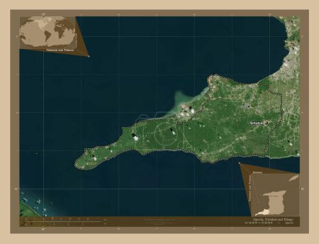 Foto de Siparia, región de Trinidad y Tobago. Mapa satelital de baja resolución. Ubicaciones y nombres de las principales ciudades de la región. Mapas de ubicación auxiliares de esquina - Imagen libre de derechos