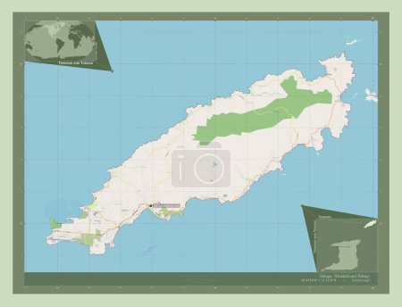 Téléchargez les photos : Tobago, region of Trinidad and Tobago. Open Street Map. Locations and names of major cities of the region. Corner auxiliary location maps - en image libre de droit