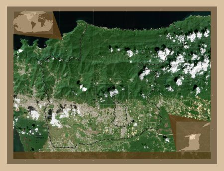 Téléchargez les photos : Tunapuna-Piarco, région de Trinité-et-Tobago. Carte satellite basse résolution. Emplacements des grandes villes de la région. Corner cartes de localisation auxiliaires - en image libre de droit