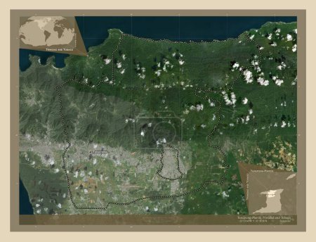 Téléchargez les photos : Tunapuna-Piarco, région de Trinité-et-Tobago. Carte satellite haute résolution. Emplacements et noms des grandes villes de la région. Corner cartes de localisation auxiliaires - en image libre de droit