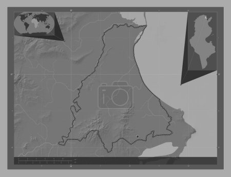 Téléchargez les photos : Ariana, gouvernorat de Tunisie. Carte d'altitude de Bilevel avec lacs et rivières. Corner cartes de localisation auxiliaires - en image libre de droit