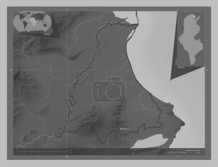 Téléchargez les photos : Ariana, gouvernorat de Tunisie. Carte d'altitude en niveaux de gris avec lacs et rivières. Emplacements et noms des grandes villes de la région. Corner cartes de localisation auxiliaires - en image libre de droit