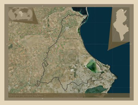 Téléchargez les photos : Ariana, gouvernorat de Tunisie. Carte satellite haute résolution. Corner cartes de localisation auxiliaires - en image libre de droit