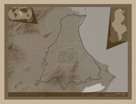 Téléchargez les photos : Ariana, gouvernorat de Tunisie. Carte d'altitude colorée dans des tons sépia avec des lacs et des rivières. Emplacements et noms des grandes villes de la région. Corner cartes de localisation auxiliaires - en image libre de droit