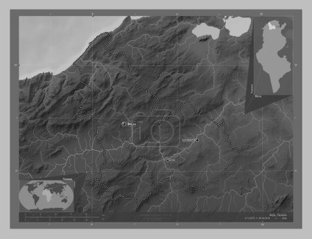 Téléchargez les photos : Beja, gouvernorat de Tunisie. Carte d'altitude en niveaux de gris avec lacs et rivières. Emplacements et noms des grandes villes de la région. Corner cartes de localisation auxiliaires - en image libre de droit