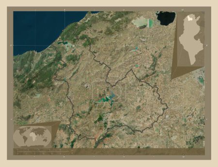 Téléchargez les photos : Beja, gouvernorat de Tunisie. Carte satellite haute résolution. Corner cartes de localisation auxiliaires - en image libre de droit