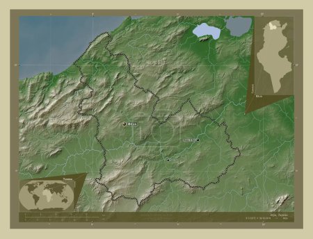 Téléchargez les photos : Beja, gouvernorat de Tunisie. Carte d'altitude colorée dans le style wiki avec des lacs et des rivières. Emplacements et noms des grandes villes de la région. Corner cartes de localisation auxiliaires - en image libre de droit