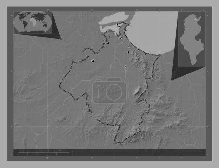 Photo for Ben Arous, governorate of Tunisia. Bilevel elevation map with lakes and rivers. Locations of major cities of the region. Corner auxiliary location maps - Royalty Free Image