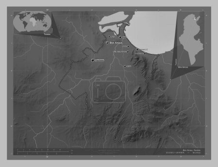 Photo for Ben Arous, governorate of Tunisia. Grayscale elevation map with lakes and rivers. Locations and names of major cities of the region. Corner auxiliary location maps - Royalty Free Image
