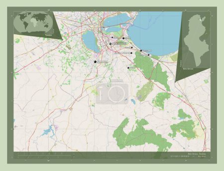 Photo for Ben Arous, governorate of Tunisia. Open Street Map. Locations and names of major cities of the region. Corner auxiliary location maps - Royalty Free Image