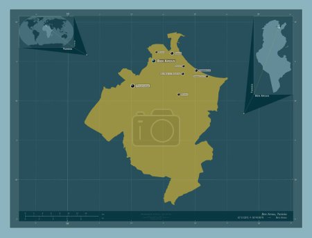 Foto de Ben Arous, governorate of Tunisia. Solid color shape. Locations and names of major cities of the region. Corner auxiliary location maps - Imagen libre de derechos