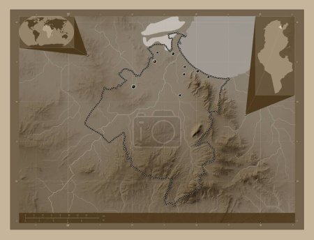 Photo for Ben Arous, governorate of Tunisia. Elevation map colored in sepia tones with lakes and rivers. Locations of major cities of the region. Corner auxiliary location maps - Royalty Free Image