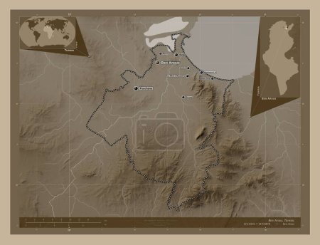 Photo for Ben Arous, governorate of Tunisia. Elevation map colored in sepia tones with lakes and rivers. Locations and names of major cities of the region. Corner auxiliary location maps - Royalty Free Image