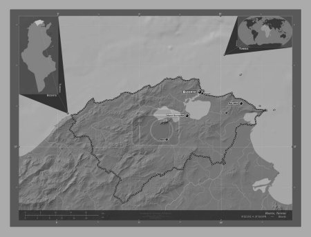 Téléchargez les photos : Bizerte, gouvernorat de Tunisie. Carte d'altitude de Bilevel avec lacs et rivières. Emplacements et noms des grandes villes de la région. Corner cartes de localisation auxiliaires - en image libre de droit