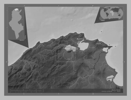 Téléchargez les photos : Bizerte, gouvernorat de Tunisie. Carte d'altitude en niveaux de gris avec lacs et rivières. Emplacements et noms des grandes villes de la région. Corner cartes de localisation auxiliaires - en image libre de droit