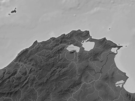 Photo for Bizerte, governorate of Tunisia. Grayscale elevation map with lakes and rivers - Royalty Free Image