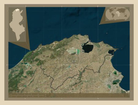 Téléchargez les photos : Bizerte, gouvernorat de Tunisie. Carte satellite haute résolution. Emplacements des grandes villes de la région. Corner cartes de localisation auxiliaires - en image libre de droit