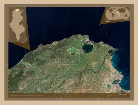 Téléchargez les photos : Bizerte, gouvernorat de Tunisie. Carte satellite basse résolution. Emplacements et noms des grandes villes de la région. Corner cartes de localisation auxiliaires - en image libre de droit