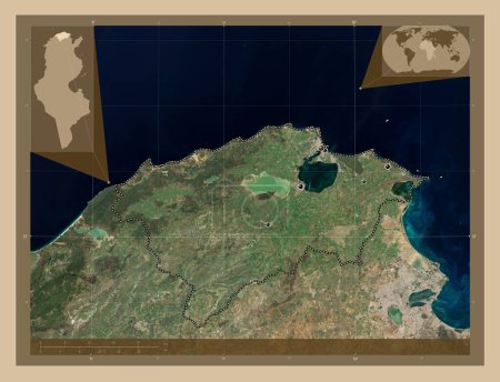 Téléchargez les photos : Bizerte, gouvernorat de Tunisie. Carte satellite basse résolution. Emplacements des grandes villes de la région. Corner cartes de localisation auxiliaires - en image libre de droit