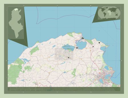 Téléchargez les photos : Bizerte, governorate of Tunisia. Open Street Map. Locations of major cities of the region. Corner auxiliary location maps - en image libre de droit